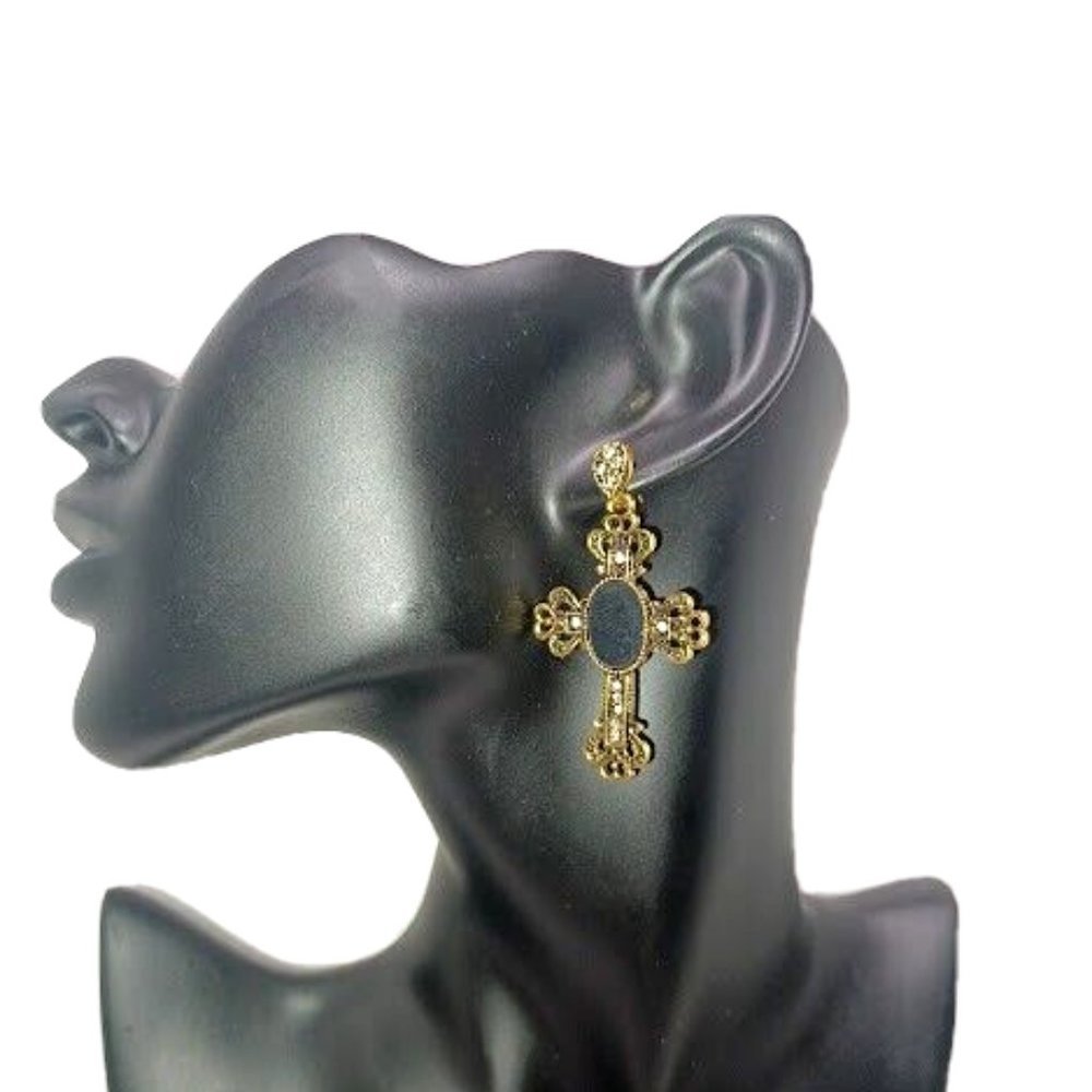 Vintage-Style Gold Tone & Black Cross Earrings with Crystals - Picture 2 of 2